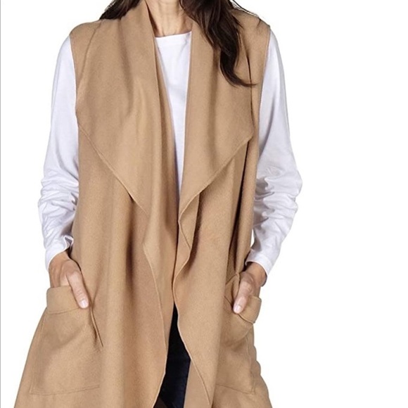 Le Moda Open Front Fleece Vest Cardigan Long Line Camel Soft Pockets Lagenlook - Picture 13 of 14